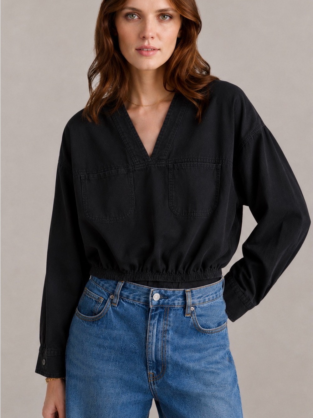 Billy Reid Black Cropped V-Neck Popover Top Size S Made in Italy